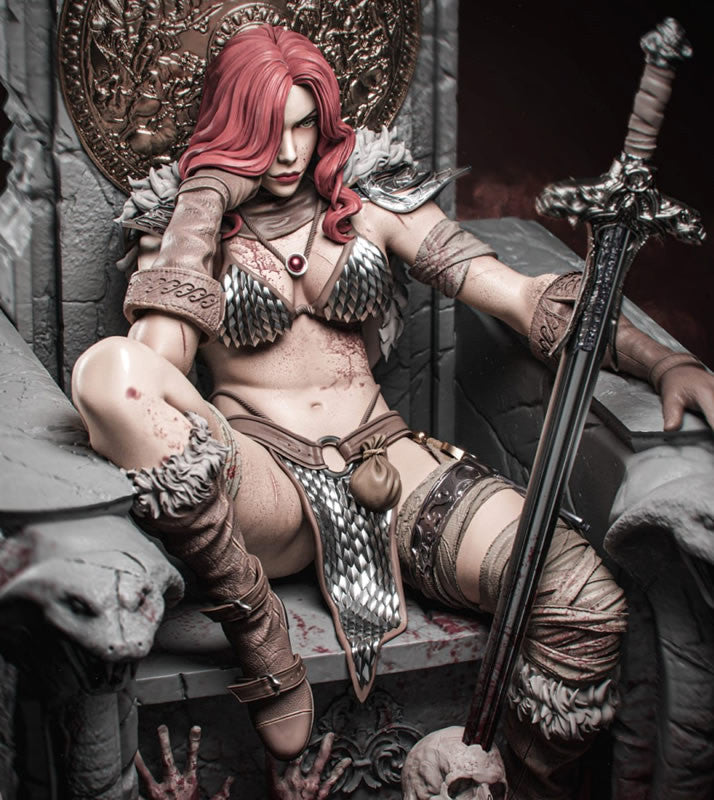 Red Sonja on Throne Diorama - by D&D - Tabletop RPG Miniature - Roleplaying 3D Printed Fantasy Mini