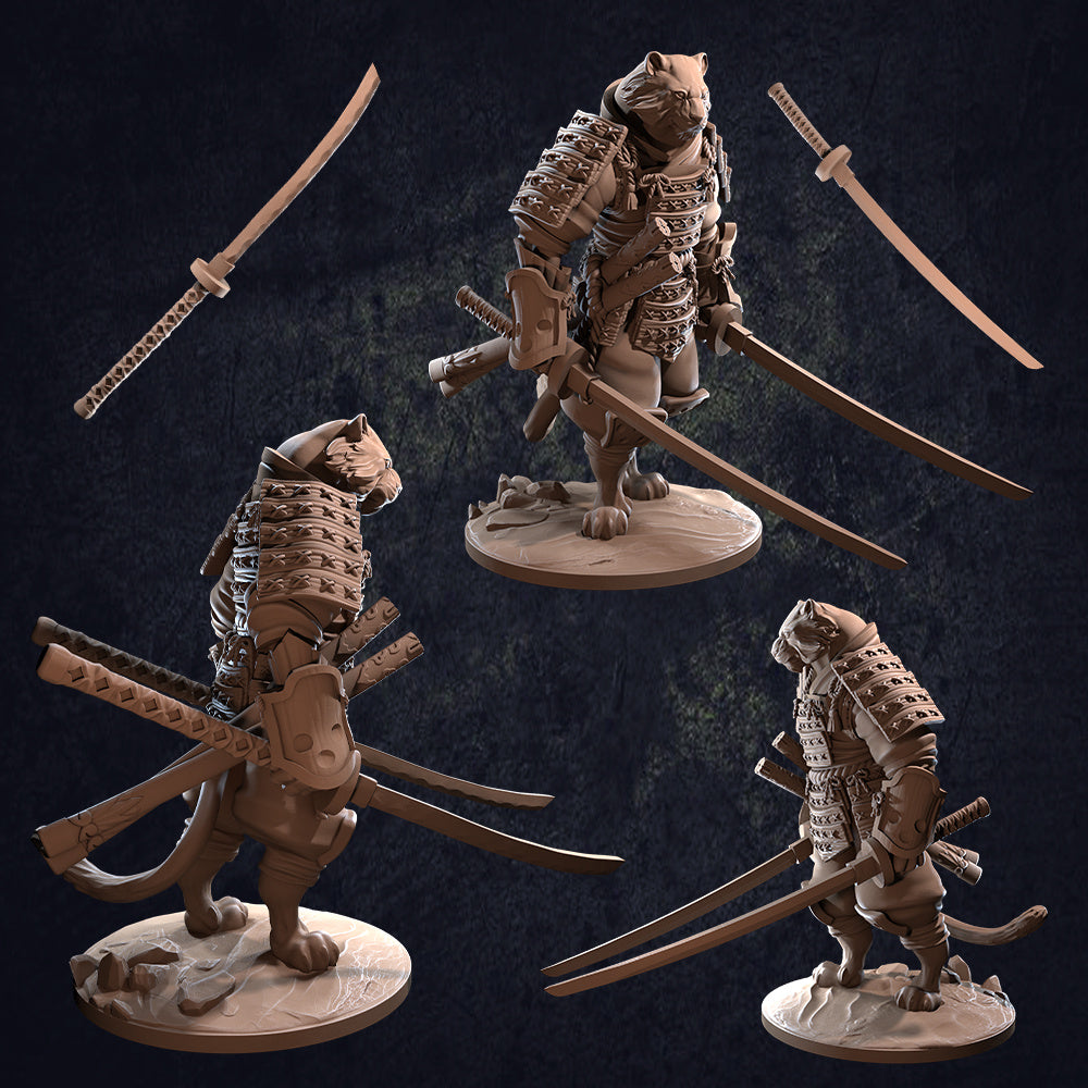 Tengashi Catfolk Samurai - Dungeons and Dragons - by Dragon Trappers Lodge - Tabletop RPG Miniature - Roleplaying 3D Printed Fantasy Mini