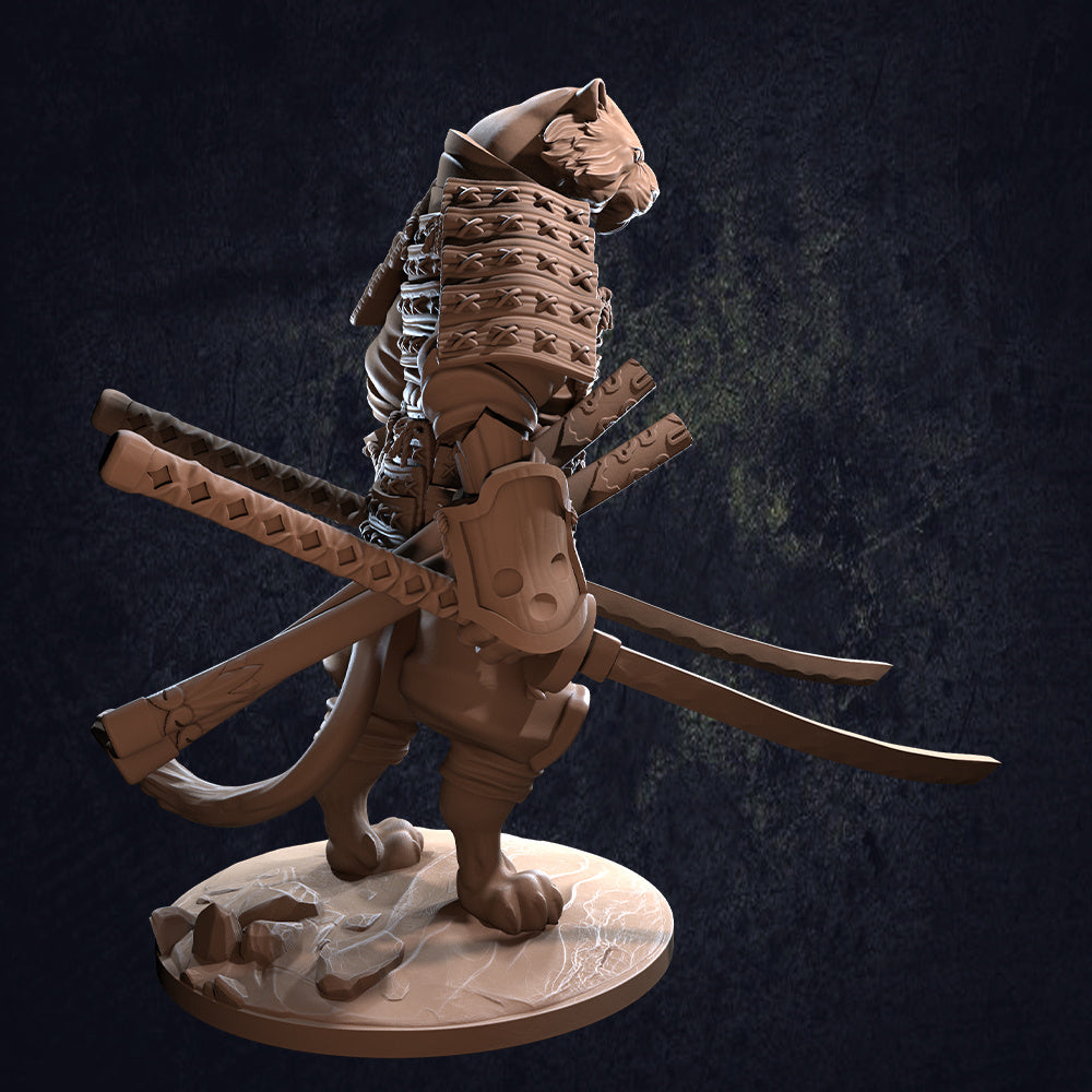 Tengashi Catfolk Samurai - Dungeons and Dragons - by Dragon Trappers Lodge - Tabletop RPG Miniature - Roleplaying 3D Printed Fantasy Mini