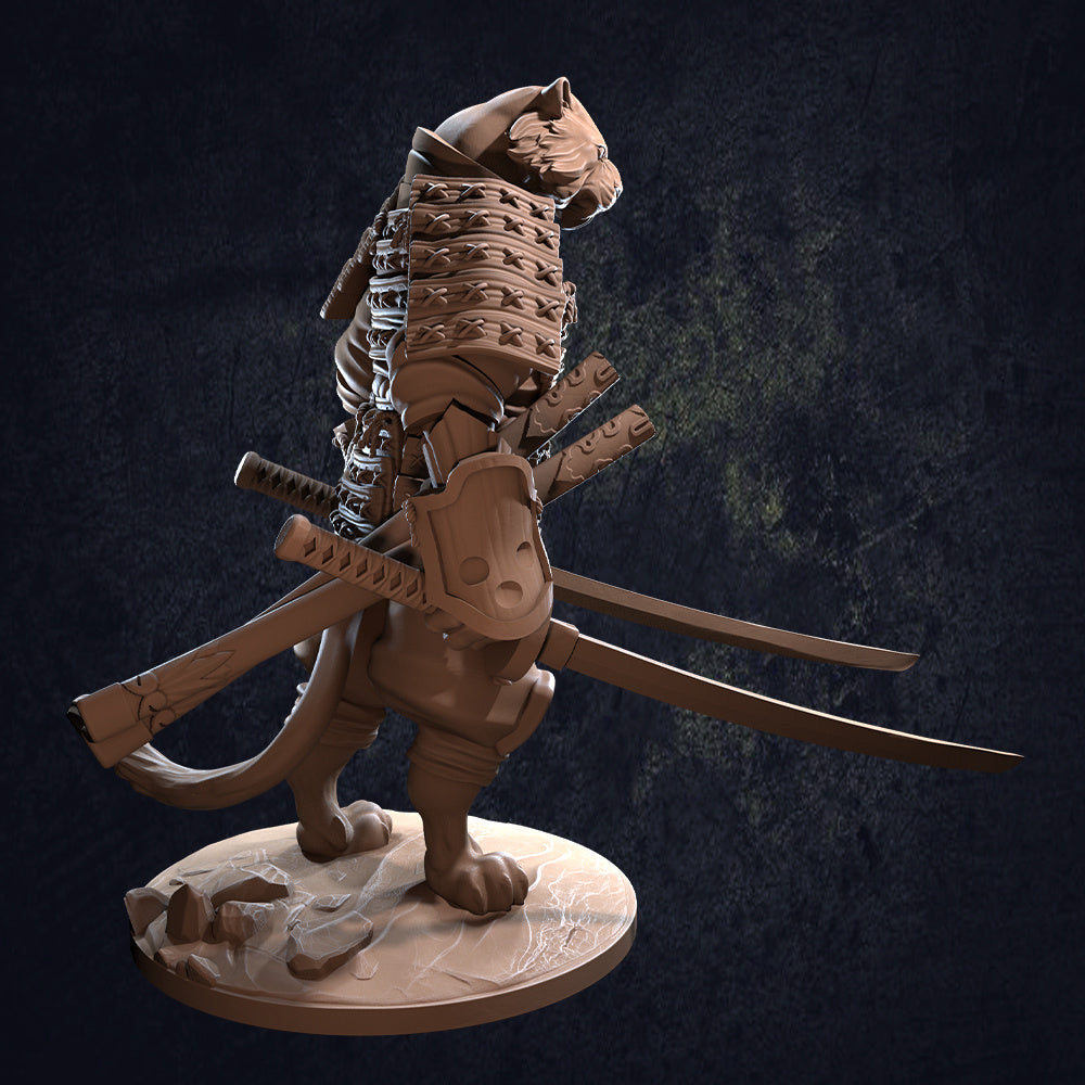 Tengashi Catfolk Samurai - Dungeons and Dragons - by Dragon Trappers Lodge - Tabletop RPG Miniature - Roleplaying 3D Printed Fantasy Mini