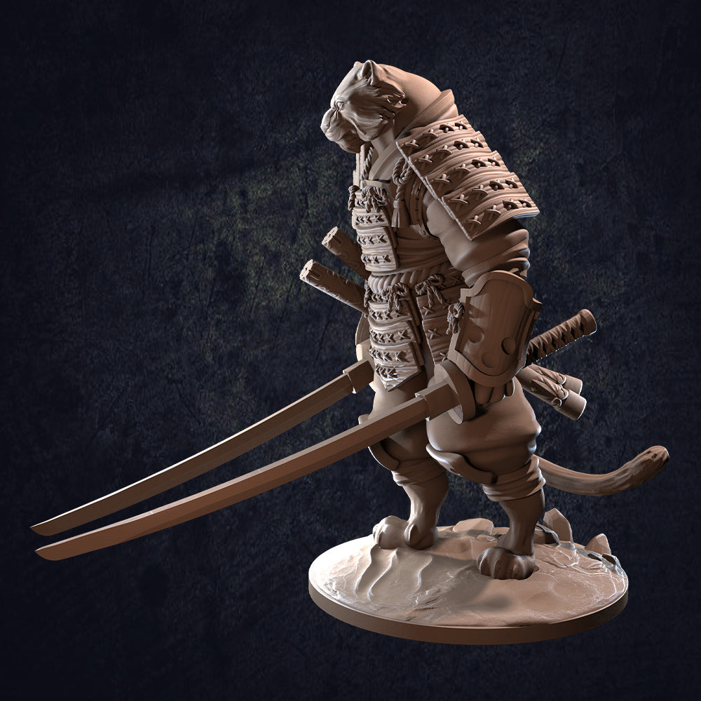 Tengashi Catfolk Samurai - Dungeons and Dragons - by Dragon Trappers Lodge - Tabletop RPG Miniature - Roleplaying 3D Printed Fantasy Mini