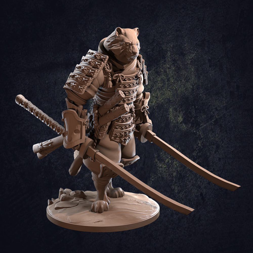 Tengashi Catfolk Samurai - Dungeons and Dragons - by Dragon Trappers Lodge - Tabletop RPG Miniature - Roleplaying 3D Printed Fantasy Mini