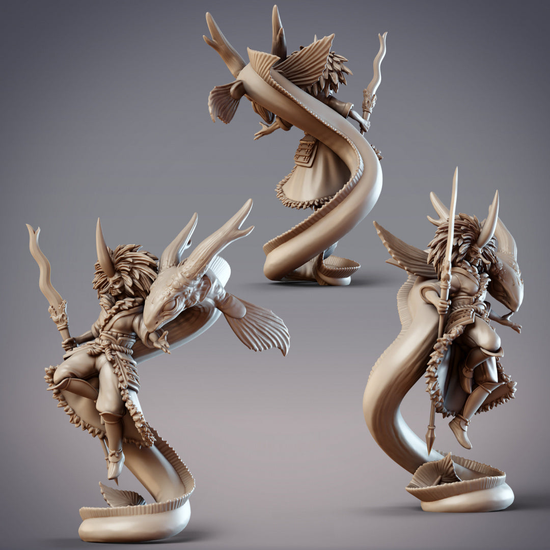 Tengu Spearmaiden and Baby Eel Dragon - Fujinbo, Daitengu Witch and Juvenile Bakunawa - Dungeons and Dragons- by Cobra Mode- Tabletop RPG Miniature - Roleplaying 3D Printed Fantasy Mini