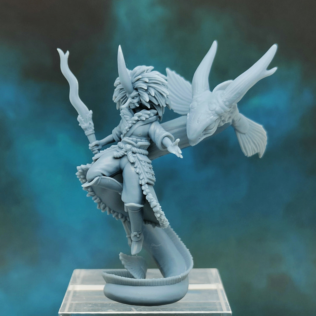 Tengu Spearmaiden and Baby Eel Dragon - Fujinbo, Daitengu Witch and Juvenile Bakunawa - Dungeons and Dragons- by Cobra Mode- Tabletop RPG Miniature - Roleplaying 3D Printed Fantasy Mini