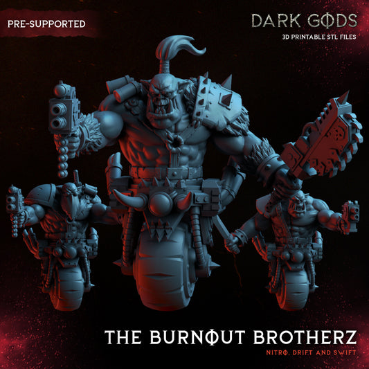 The Burnout Brotherz - Nitro, Drift and Swift - Ork Boyz - by Dark Gods- Tabletop RPG Miniature - Roleplaying 3D Printed Fantasy Mini