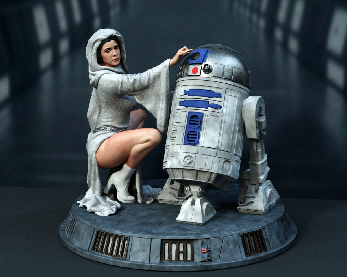Sculpture de la princesse Leia et R2D2 (75 mm à 500 mm) - Non assemblé/Non peint/Impression 3D