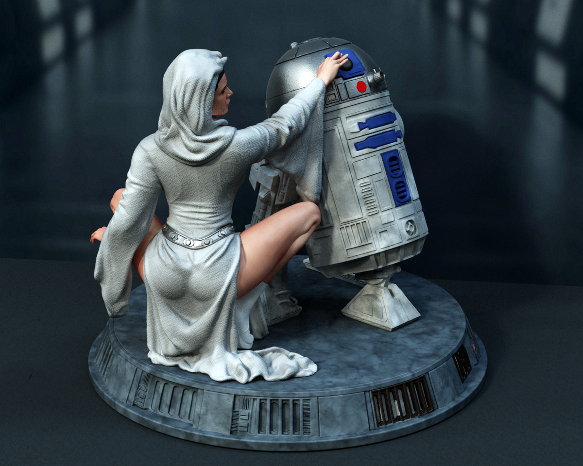 Sculpture de la princesse Leia et R2D2 (75 mm à 500 mm) - Non assemblé/Non peint/Impression 3D