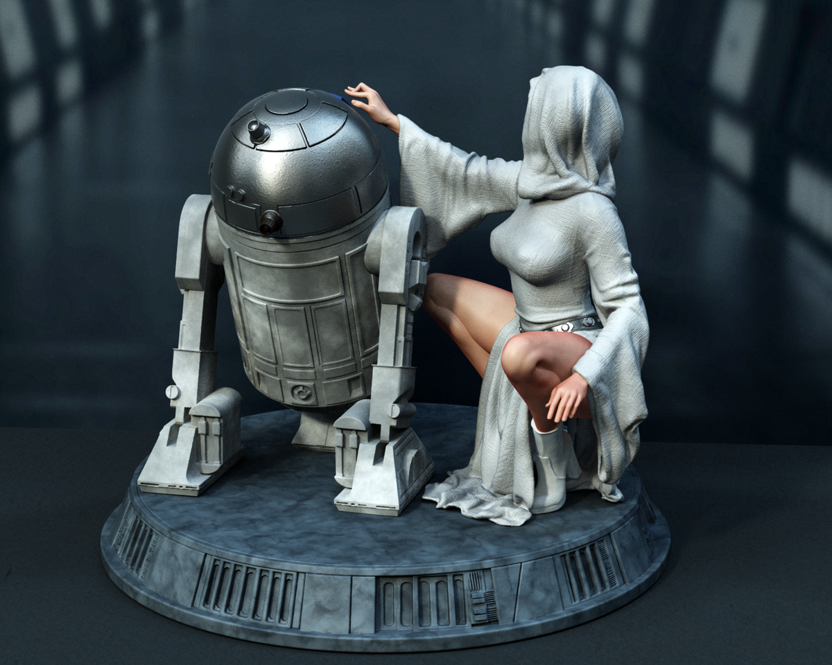 Sculpture de la princesse Leia et R2D2 (75 mm à 500 mm) - Non assemblé/Non peint/Impression 3D