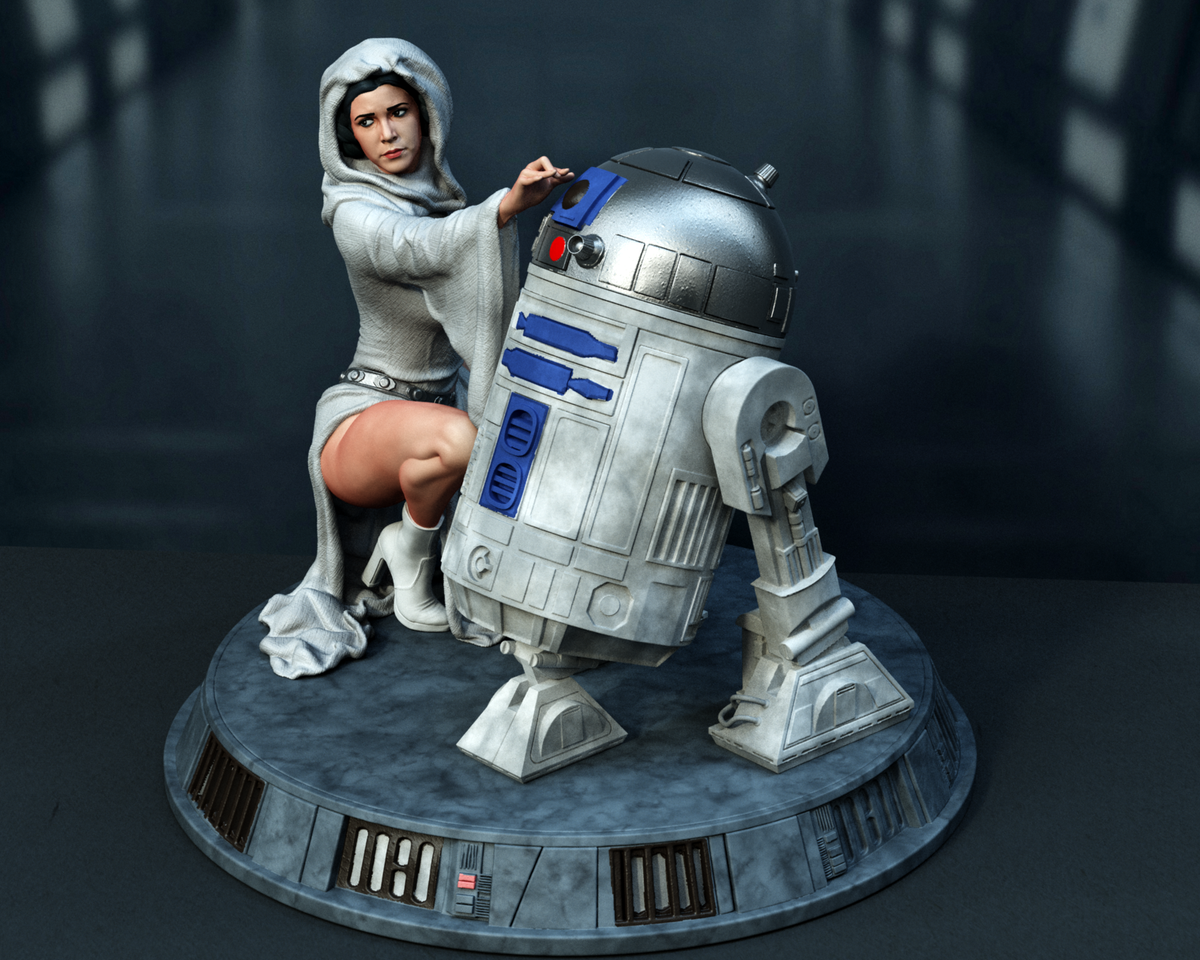 Sculpture de la princesse Leia et R2D2 (75 mm à 500 mm) - Non assemblé/Non peint/Impression 3D