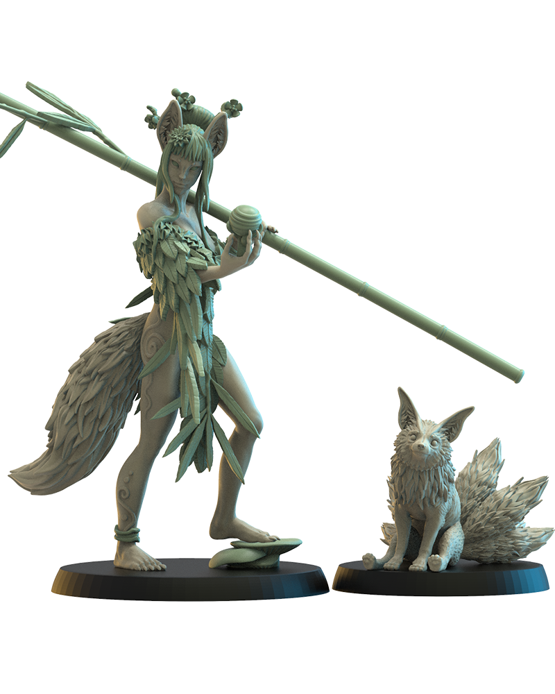 Hanako, Kitsune Druid and baby Kyubi - Wood Elf - TTRPG - Wargaming - Dungeons and Dragons