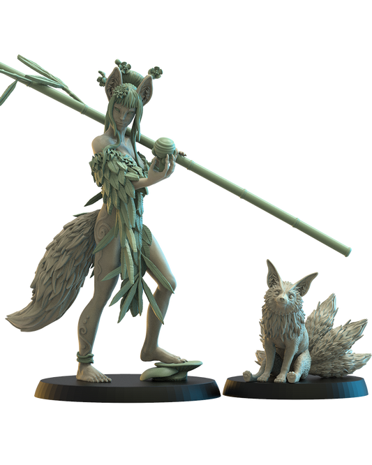 Hanako, Kitsune Druid and baby Kyubi - Wood Elf - TTRPG - Wargaming - Dungeons and Dragons